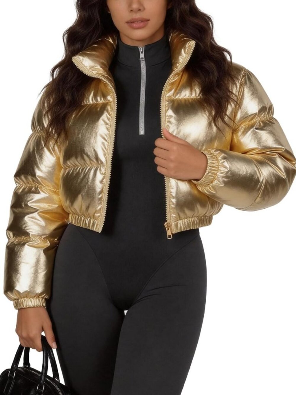 Metallic Shiny Cropped Puffer Jacket Coat for Women - Stylish Winter Outerwear